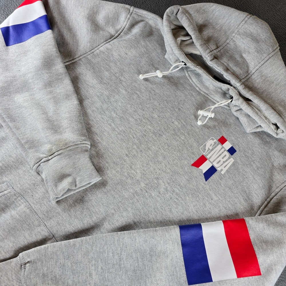 NBA Basketball Heather Gray Pullover Hoodie Small Red White Blue Sleeve Stripes